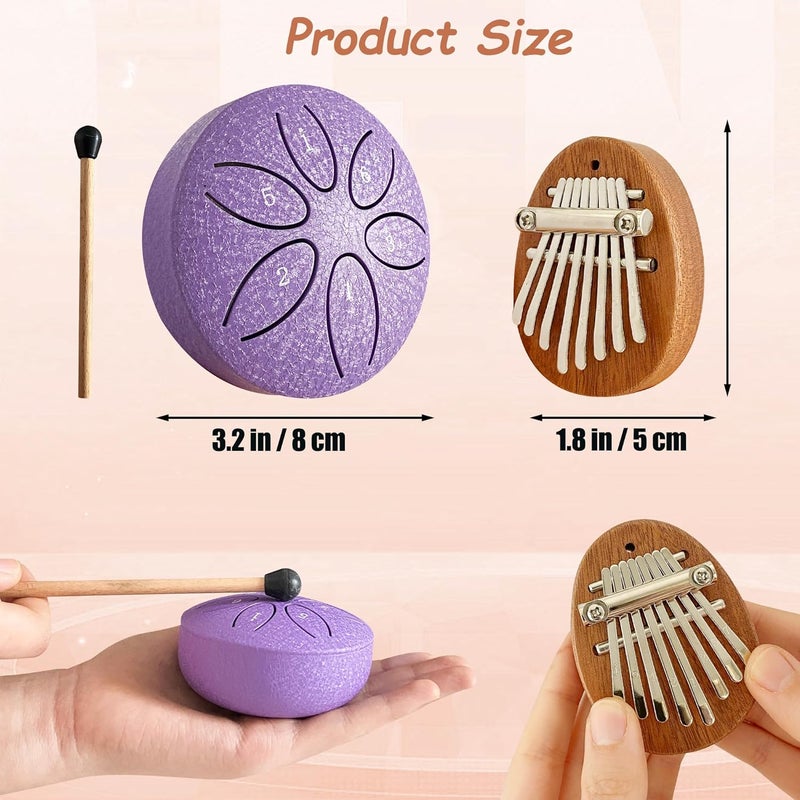 Jongdari Mini Rain Drum and Kalimba Thumb Piano, 2pcs Mini Musical Instruments 8 Key Exquisite Finger Thumb Piano and 3 Inch 6 Notes Metal Steel Tongue Drum for Adult Beginners (Purple) - Image 3